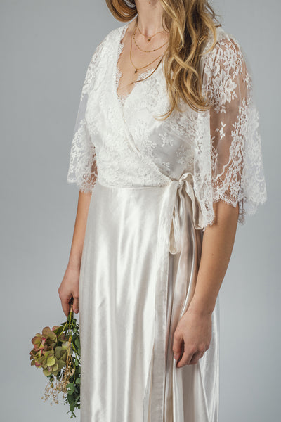 'Peony' Hemp silk & lace wrap bridal dress