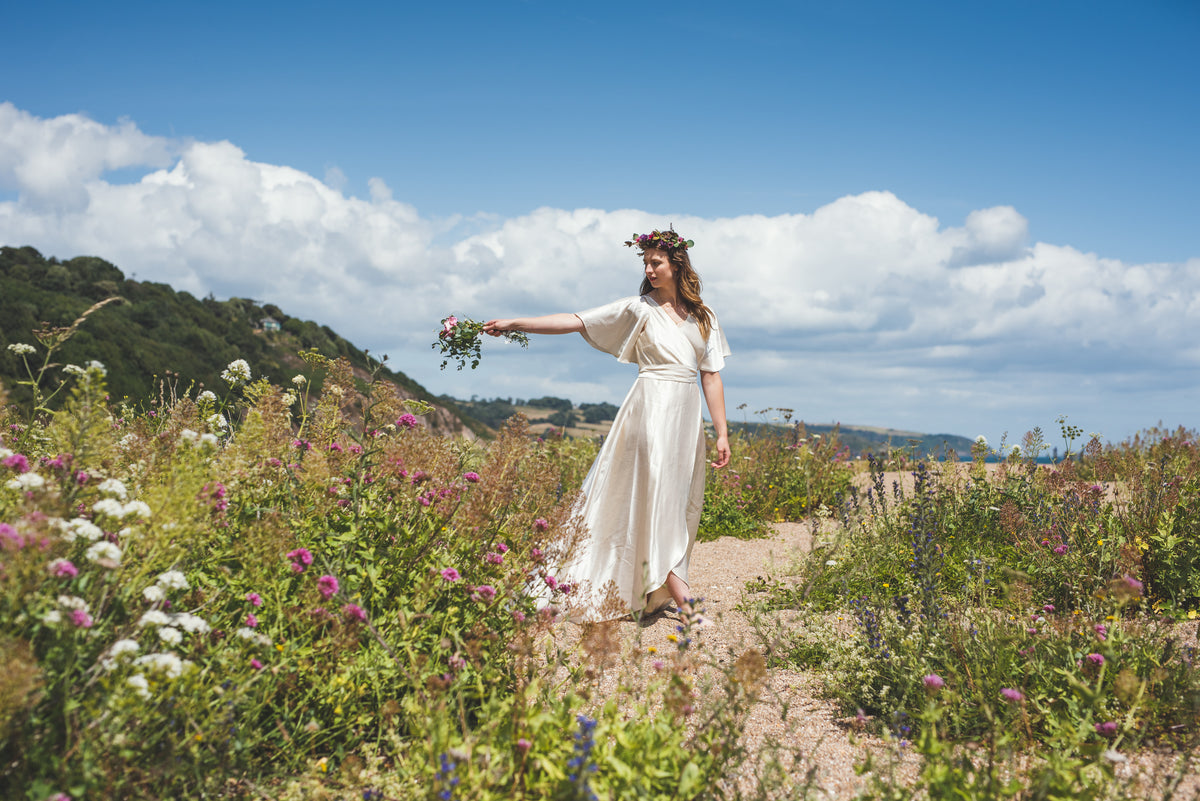 Honey Hemp silk wrap bridal dress with sleeves Sister Organics