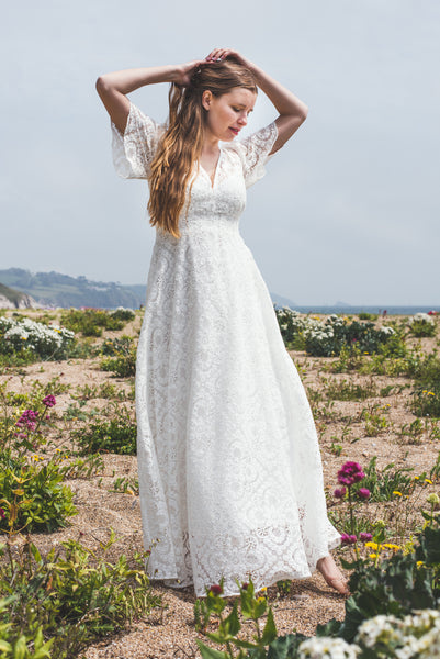 'Heather' Long V-neck lace dress