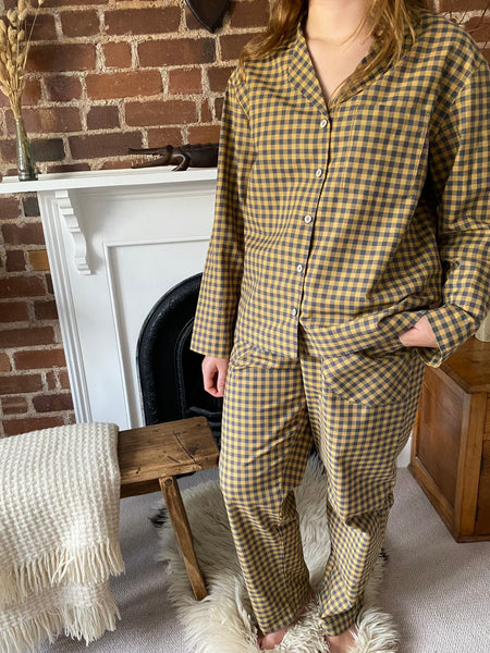 Yellow & grey check organic cotton pyjamas trousers & shirt