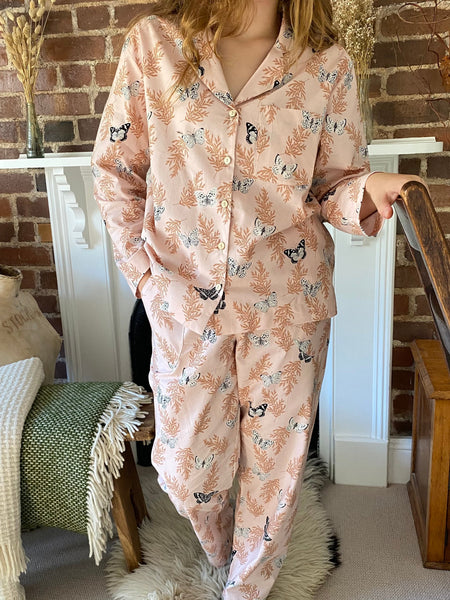 Pink butterfly print organic cotton pyjamas trousers & shirt