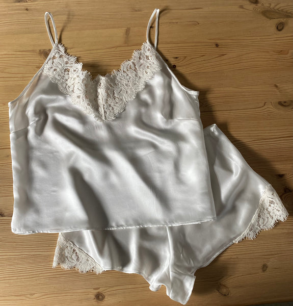 Organic silk & lace summer pyjamas, shorts & cami
