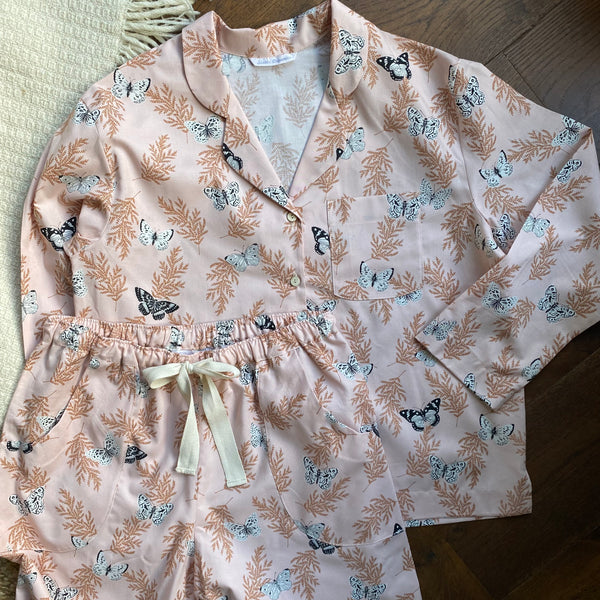 Pink butterfly print organic cotton pyjamas trousers & shirt