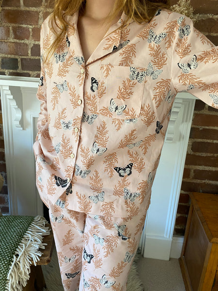 Pink butterfly print organic cotton pyjamas trousers & shirt