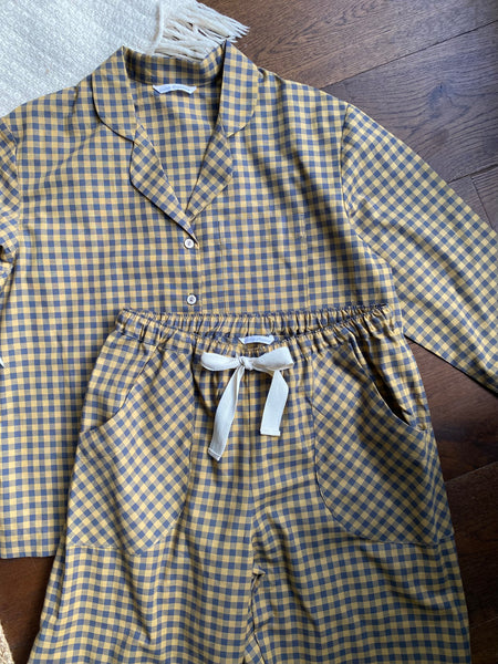 Yellow & grey check organic cotton pyjamas trousers & shirt