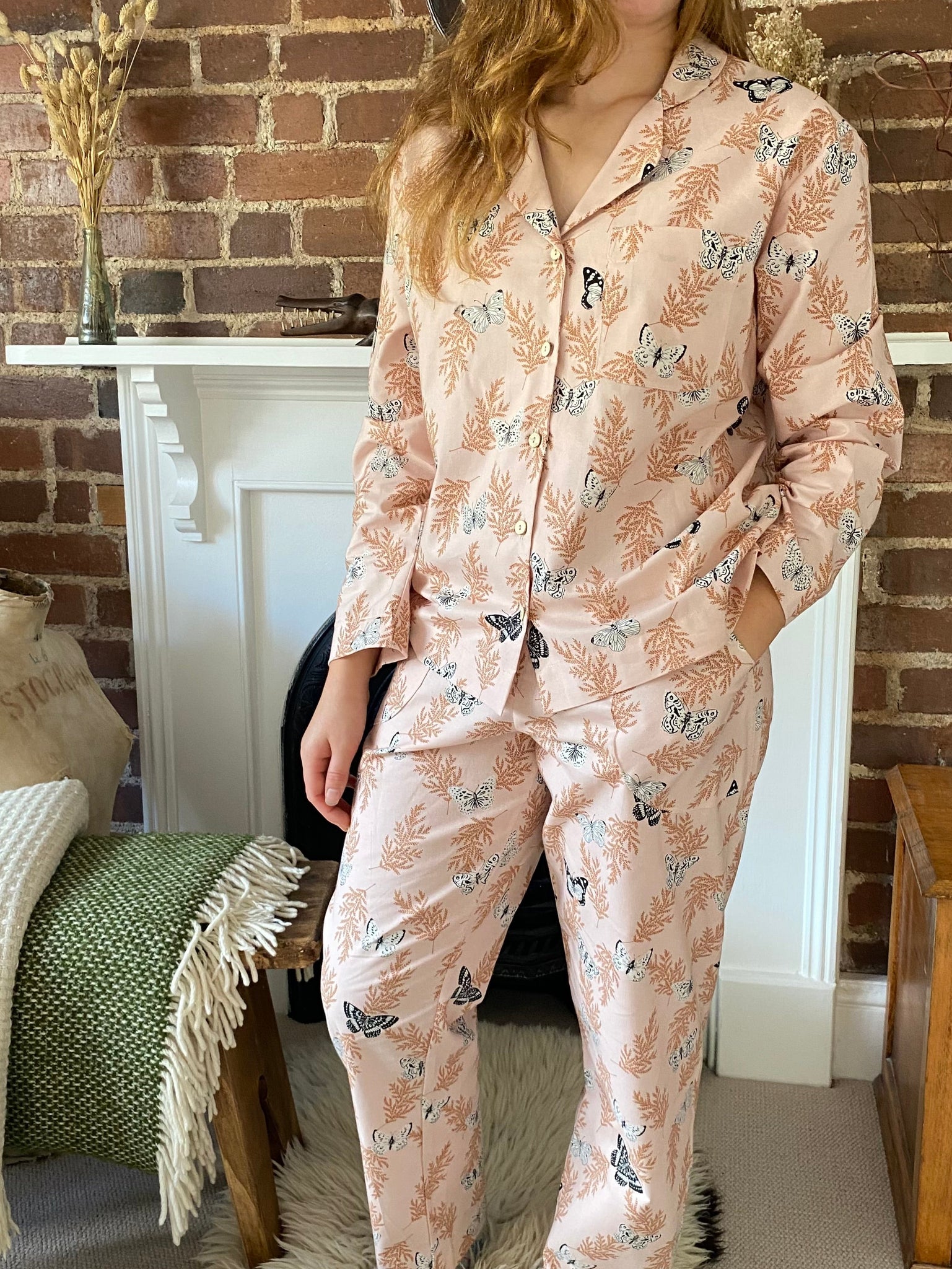 Pink butterfly print organic cotton pyjamas trousers & shirt