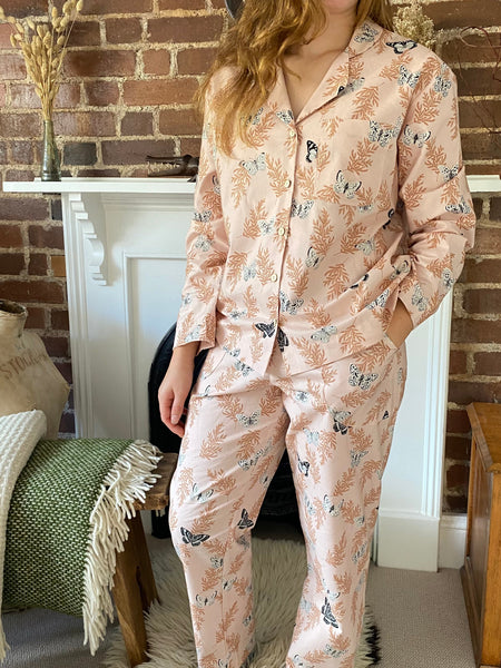 Pink butterfly print organic cotton pyjamas trousers & shirt