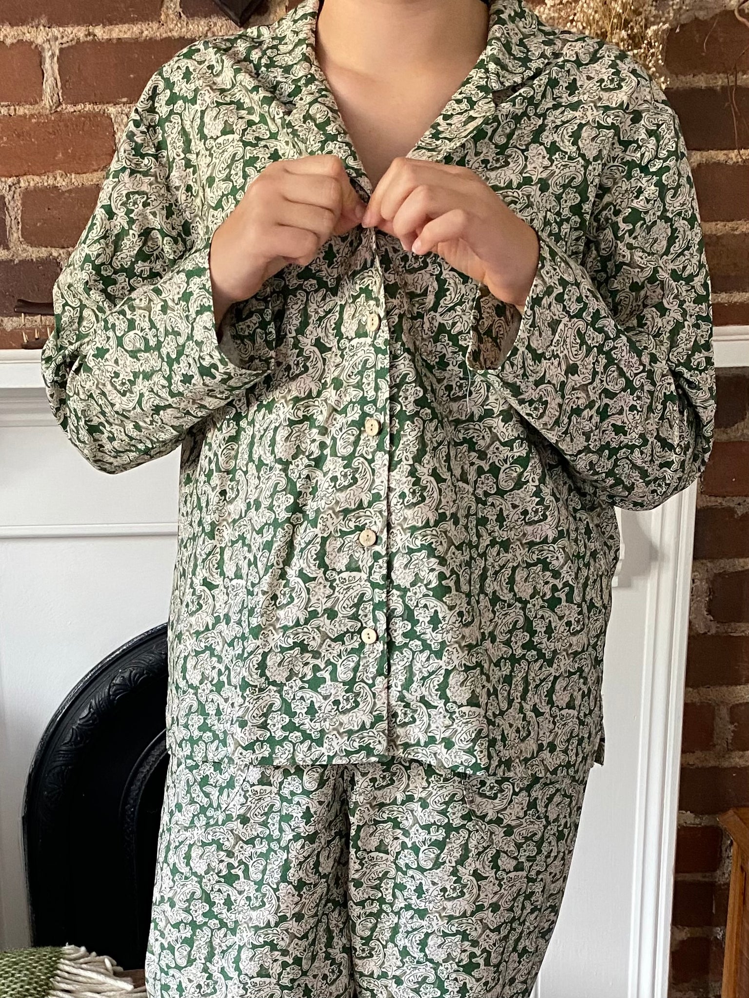 Green flora print organic cotton pyjamas trousers & shirt