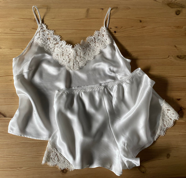 Organic silk & lace summer pyjamas, shorts & cami