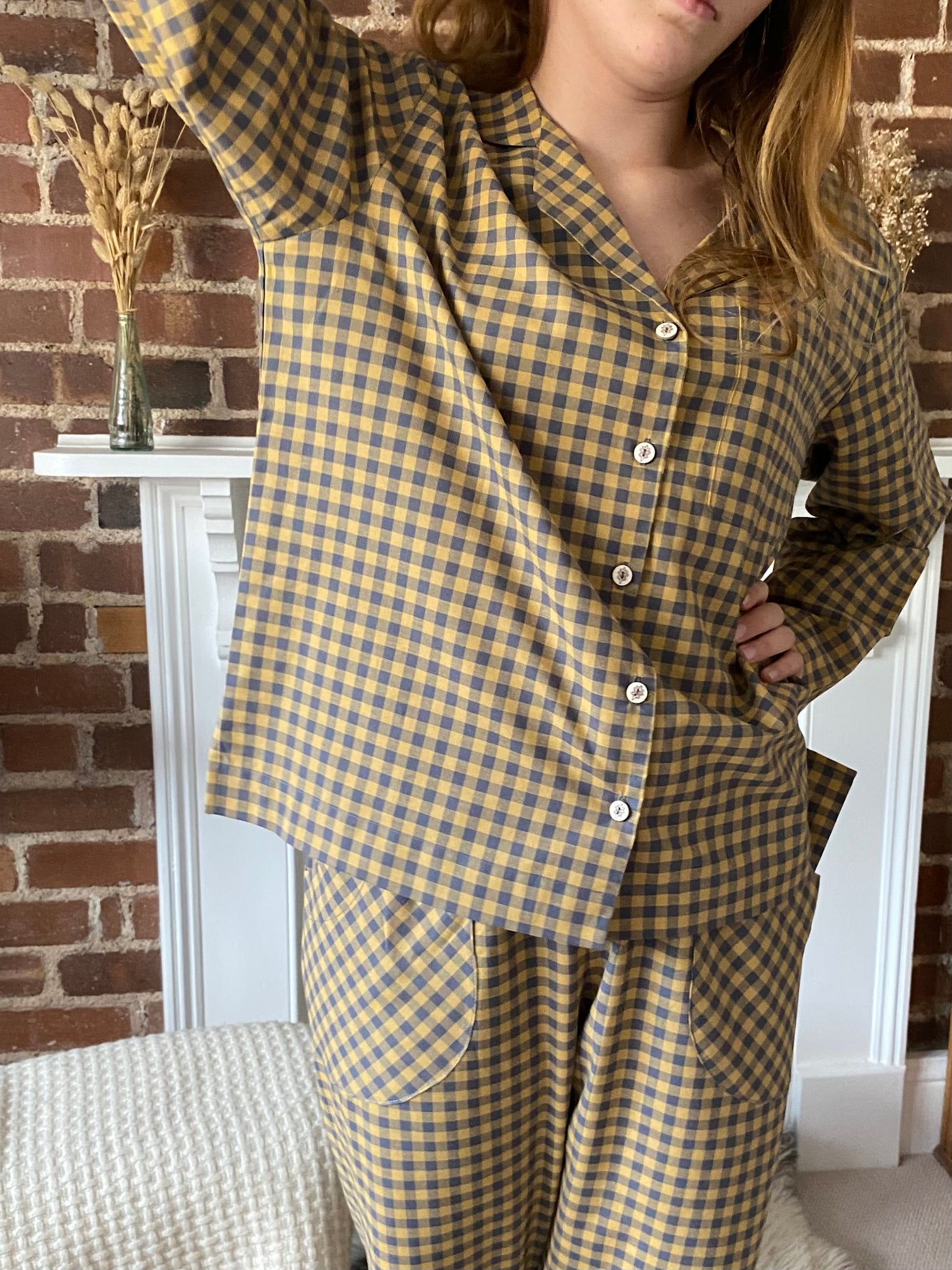 Yellow & grey check organic cotton pyjamas trousers & shirt