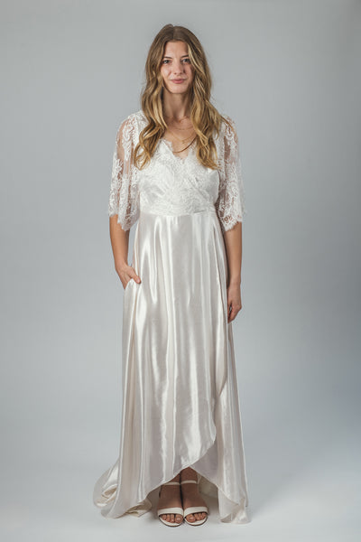 'Peony' Hemp silk & lace wrap bridal dress