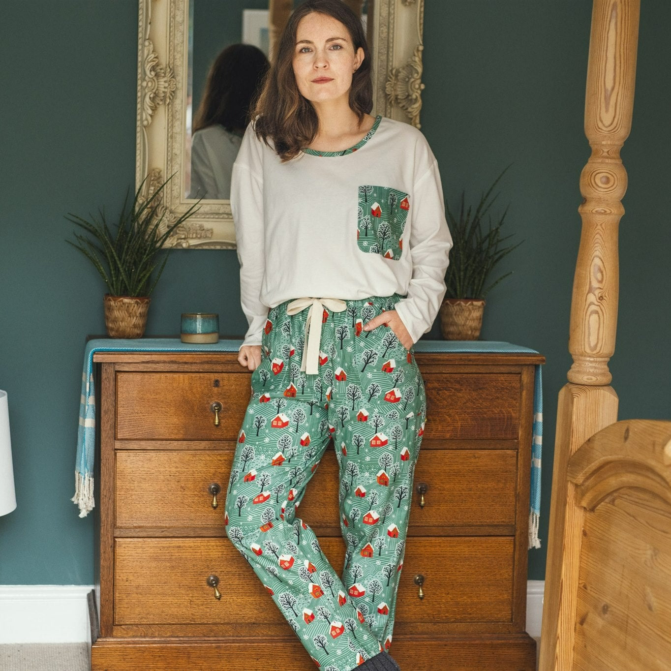 SALE - Cosy Christmas - organic cotton pyjama set, trousers & long sleeve top, size L