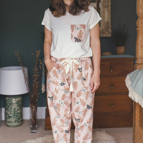 SALE - Pink butterfly organic cotton pyjama trousers & tee size S