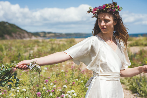 'Honey' Hemp/silk wrap bridal dress with sleeves