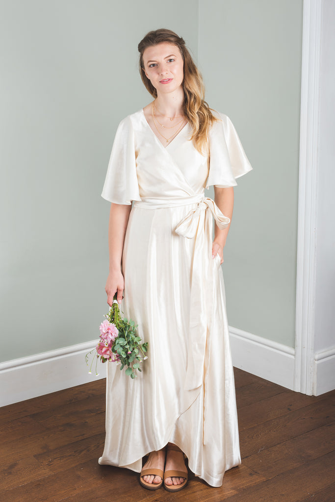 Silk wrap bridesmaid best sale dress