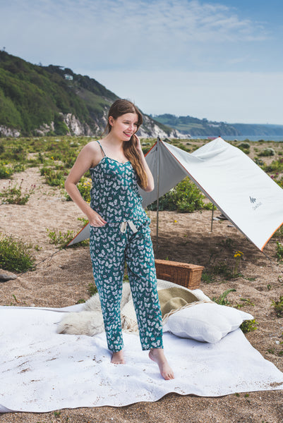 Green butterfly print organic cotton pyjama set, trousers & cami