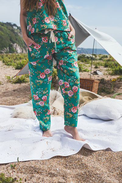 Rose print green organic cotton sateen pyjama trousers