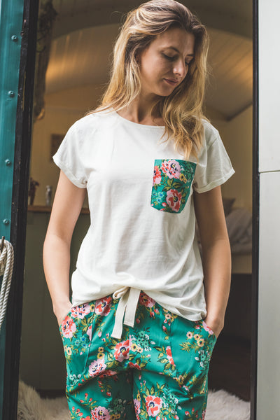 Rose print organic cotton pyjama trousers and tee top