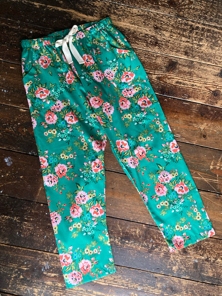 Rose print green organic cotton sateen pyjama trousers