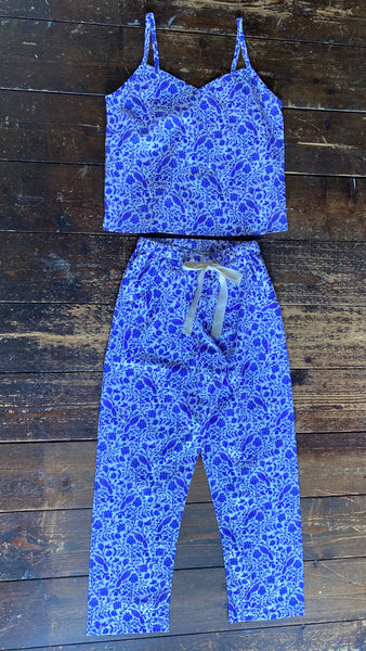 Indigo bird print organic cotton pyjama trousers & cami top set