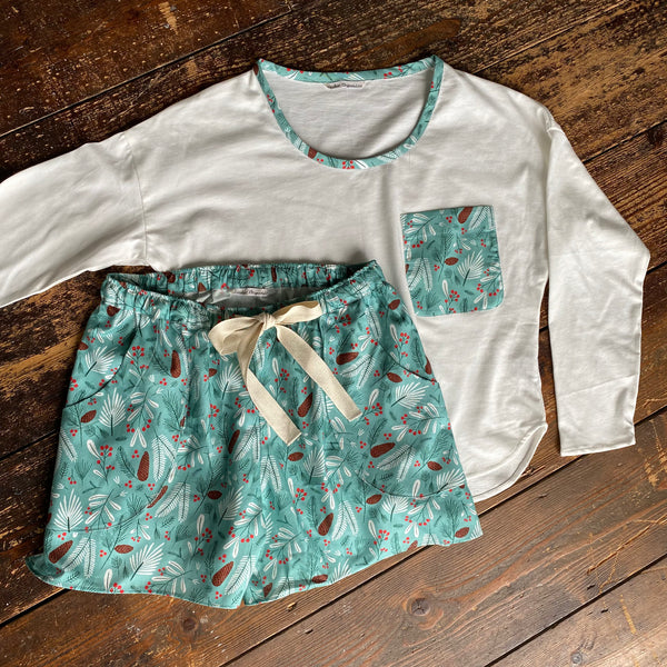 SALE - Pine print organic cotton pyjama shorts & long sleeve top set size S