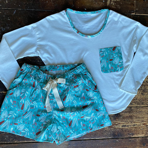 SALE - Pine print organic cotton pyjama shorts & long sleeve top set size S