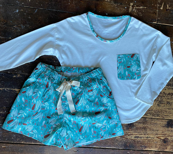 SALE - Pine print organic cotton pyjama shorts & long sleeve top set size S