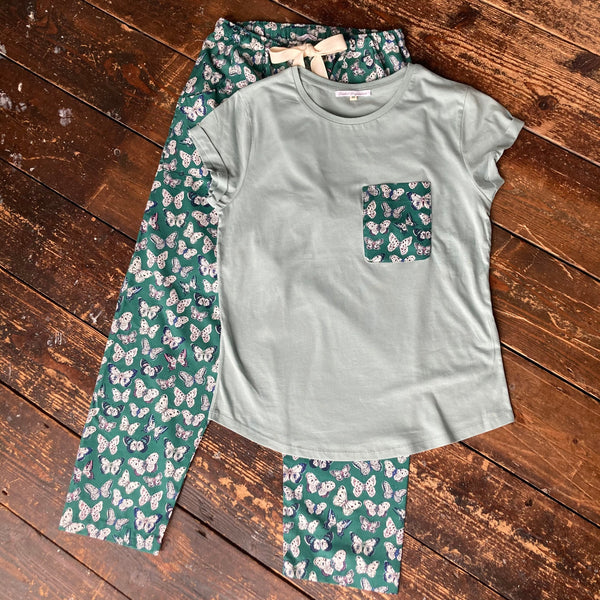 SALE - Green butterfly print organic cotton pyjama set size L