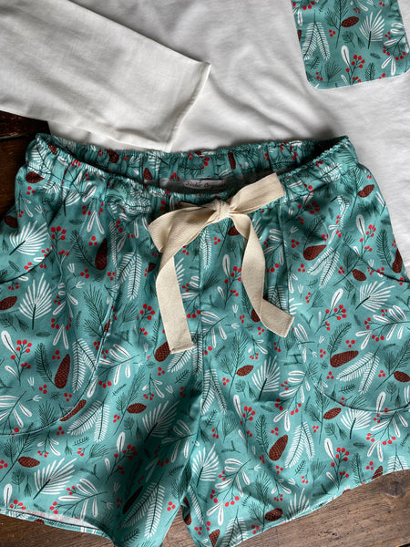 SALE - Pine print organic cotton pyjama shorts & long sleeve top set size S
