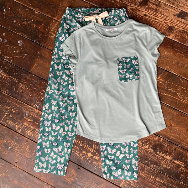 SALE - Green butterfly print organic cotton pyjama set size L