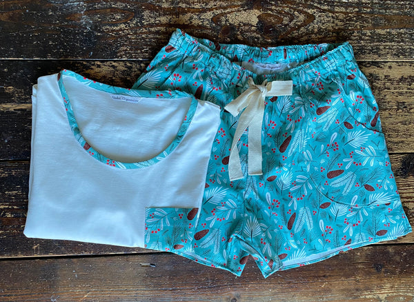SALE - Pine print organic cotton pyjama shorts & long sleeve top set size S